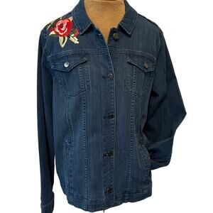 denim blue jean jacket Croft&Barrow floral rose embroidery cotton blend casual L
